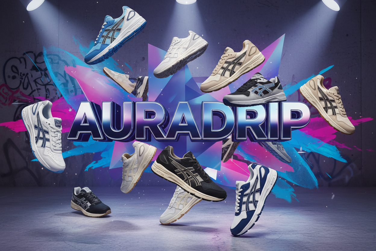 FAIS MOI UNE IMAGE AVEC ECRIT AURADRIP EN 3D ET AUTOUR MET DES PAIRE DE ASICS KAYANO 14 ET DES DIOR B3O SHOES AVEC UN FOND STYLER